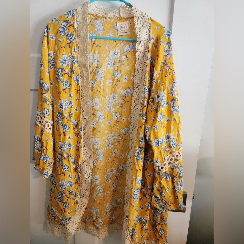 Floral Yellow Kimono with Lace crochet  Trim